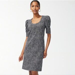 CHICOS Zenergy French Terry Knit Scoop Neck Puff Sleeve Black White Print Dress